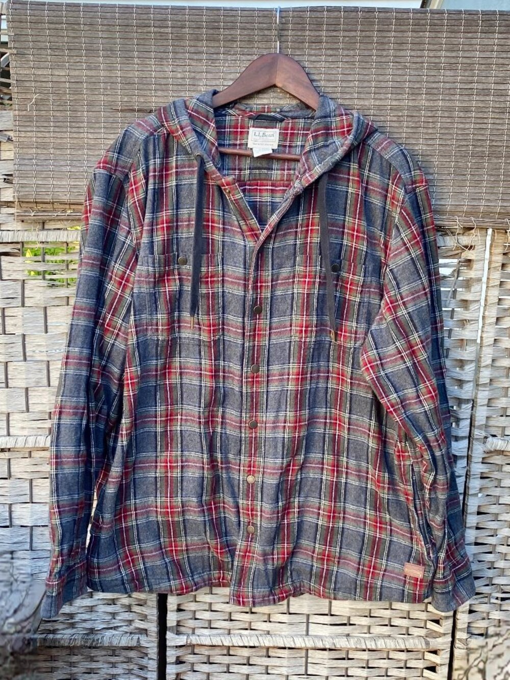 L.L.Bean Scotch Plaid Flannel Hooded Shacket Slightly Fitted Drawstring Hood XL
